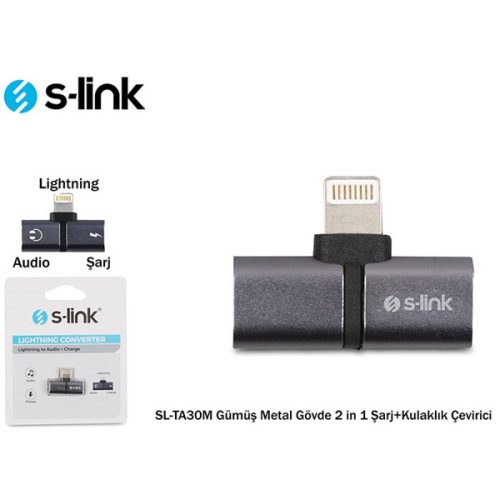 S-Link Átalakító - SL-TA30M (Bemenet: Lightning, Kimenet: 2xLightning, iphone töltés és fejhallgató, fém, szürke)