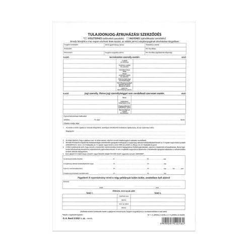 Tulajdonjog átruházási szerződés, személygépkocsi adásvételi 4lapos garnitúra A.REND.3/2012